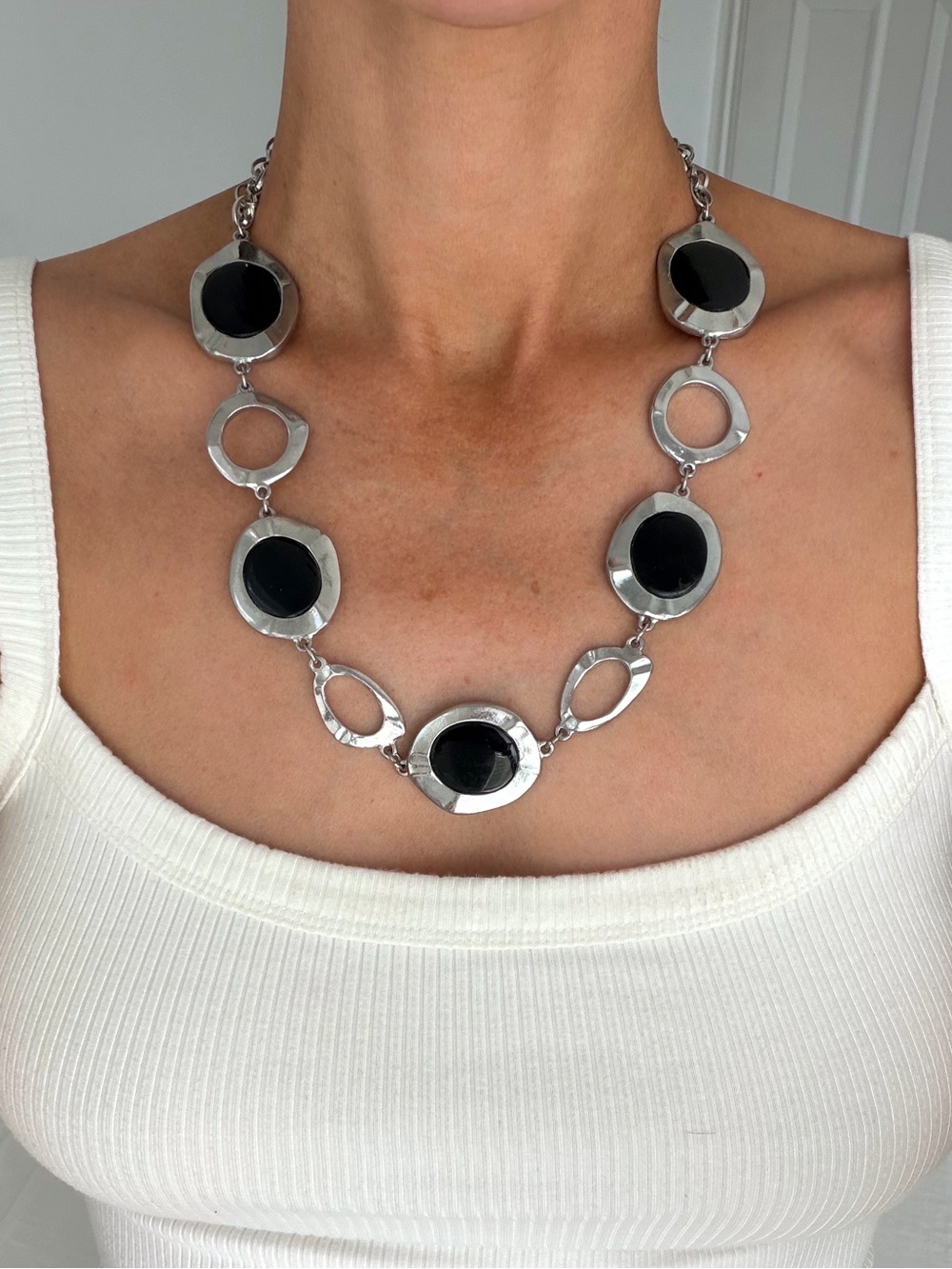 Chico’s Statement Silver & Black Geometric Link Necklace